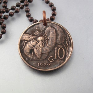 Coin jewelry - ITALY COIN necklace - italian vintage centissimo coin -  honey bee flower -  chain - choose year   No.001064