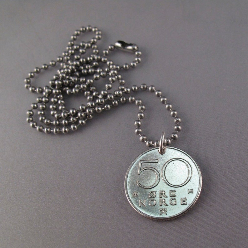 NORWAY JEWELRY. Norway coin NECKLACE. Norwegian pendant. ore . number 50. viking. lion. shield. norse. Norge. mens coin necklace No.001362 image 5