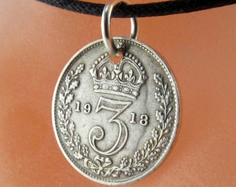 ANTIQUE ENGLAND SILVER coin necklace. silver coin. 3p . english three pence charm pendant.  No.001088