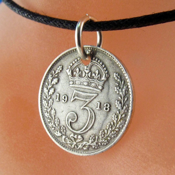 ANTIQUE ENGLAND SILVER coin necklace. silver coin. 3p . english three pence charm pendant.  No.001088