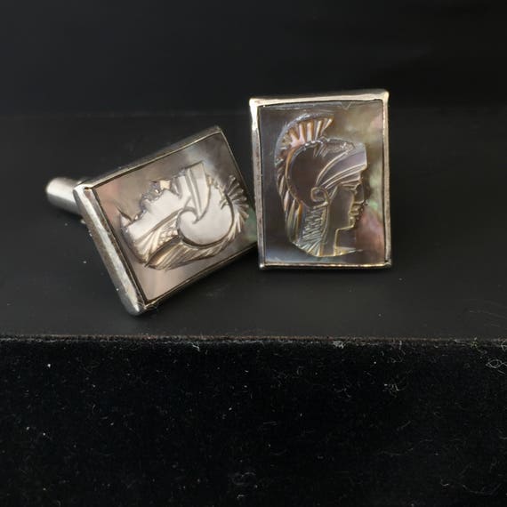 Vintage Sterling Cameo Cuff Links.  warrior cuff … - image 2