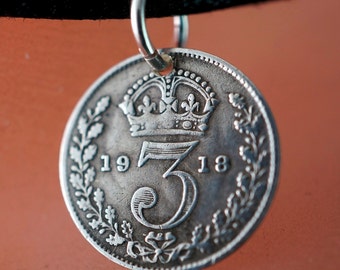 3p silver coin necklace. England Silver Coin Charm . UK charm. silver coin jewelry.  No.001088