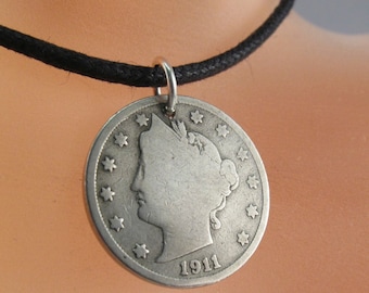 Collar de monedas para hombre. Collar de níquel - Colgante USA COIN - moneda antigua - cabeza de la libertad níquel No.00132