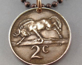 SOUTH AFRICA coin necklace | wildebeest charm pendant | animal  coin | mens coin jewelry |choose year No.0071