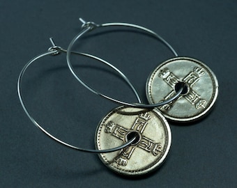 Norway coin Earrings. Norwegian jewelry. Norway Hoops. Norway Gift. sterling silver