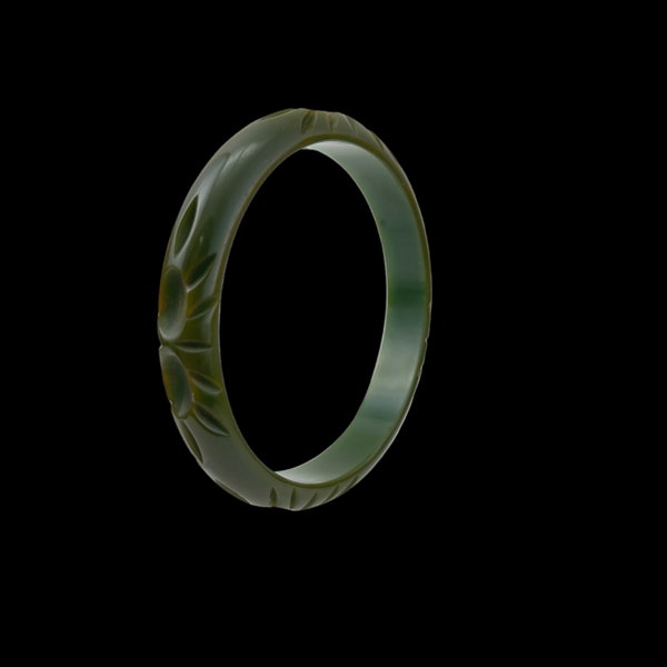 Pulsera de brazalete de baquelita verde tallada - vintage espinaca verde baquelita joyería deco pulsera No.001413