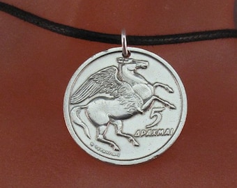 Greece Pegasus necklace . GREEK mythology COIN  pendant . Mens horse necklace  No.00892