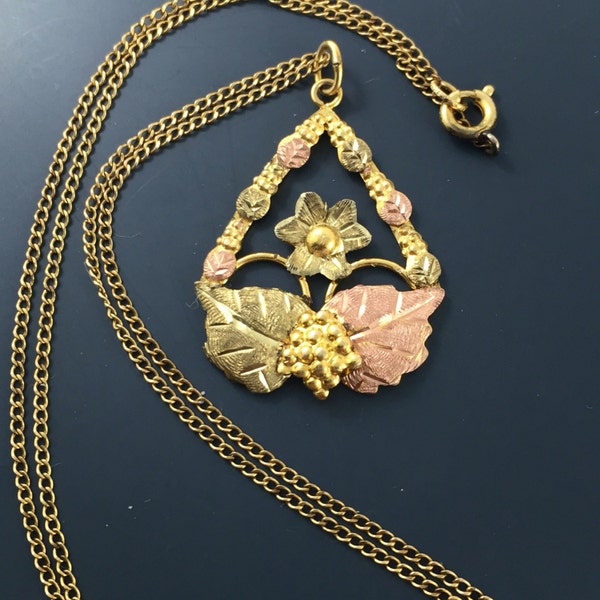 10K 12K Black Hills Gold Necklace - Flower Grape Leaves No.001393 cs