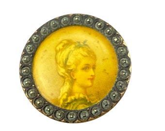 Antique lithograph celluloid portrait button, miniature portrait women antique button No850