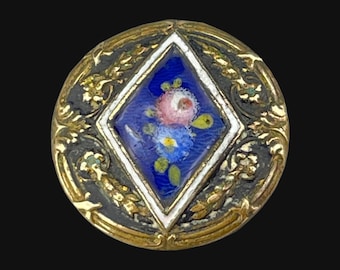 Antique button  enamel and brass  button - roses cobalt blue white No.888