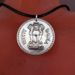 INDIA COIN NECKLACE  . India Charm. India Pendant. Rupee.  Lion God. Hindi mens jewelry No.001108