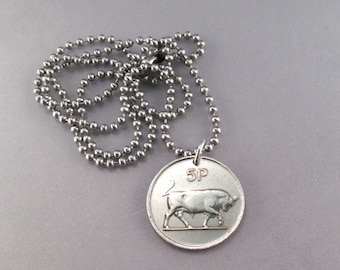 Bull necklace . irish jewelry.  Ireland coin pendant..  bull market.  Cowboy gift No.00420