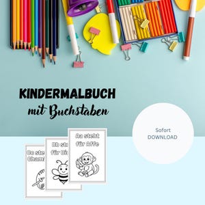 Libro para colorear con letras, 26 plantillas para colorear en formato digital, archivo pdf, apto para niños con lindas ilustraciones que combinan con el alfabeto, descarga