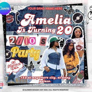 May include: A party invitation with a collage design. The text reads "Amelia Is Turning 20" with "2000's Party" in a gold font. The invitation includes images of women, butterflies, and a record. The date and location are also included.