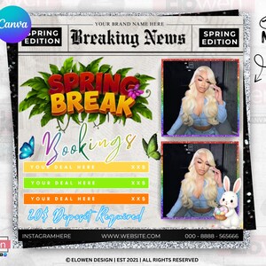 以下が含まれることがあります： 「Breaking News」と「Spring Break Bookings」の見出しが付いた、新聞をテーマにしたプロモーションフライヤー。人物とイースターバスケットを持ったウサギの画像が含まれています。フライヤーにはキラキラしたボーダーと「Shop Now」の文字があります。