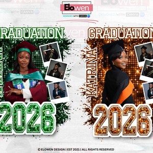May include: Two graduation announcements featuring a woman in a cap and gown, with the name "Katrina" and the year "2026". One design has a green theme, the other a brown theme. Each design includes small photos.