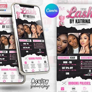 Può includere: Grafica promozionale per un'attività di extension ciglia, "Beauty Lash by Katrina", visualizzata sullo schermo di uno smartphone e su un volantino. Il design presenta immagini di donne con extension ciglia, orari di lavoro, informazioni di contatto e politiche di prenotazione.