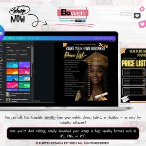 May include: A laptop displaying a Canva template for a business price list. The template features a black and gold design with a photo of a graduate. Text includes "Start Your Own Business" and "Price List".