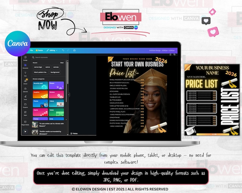 May include: A laptop displaying a Canva template for a business price list. The template features a black and gold design with a photo of a graduate. Text includes "Start Your Own Business" and "Price List".