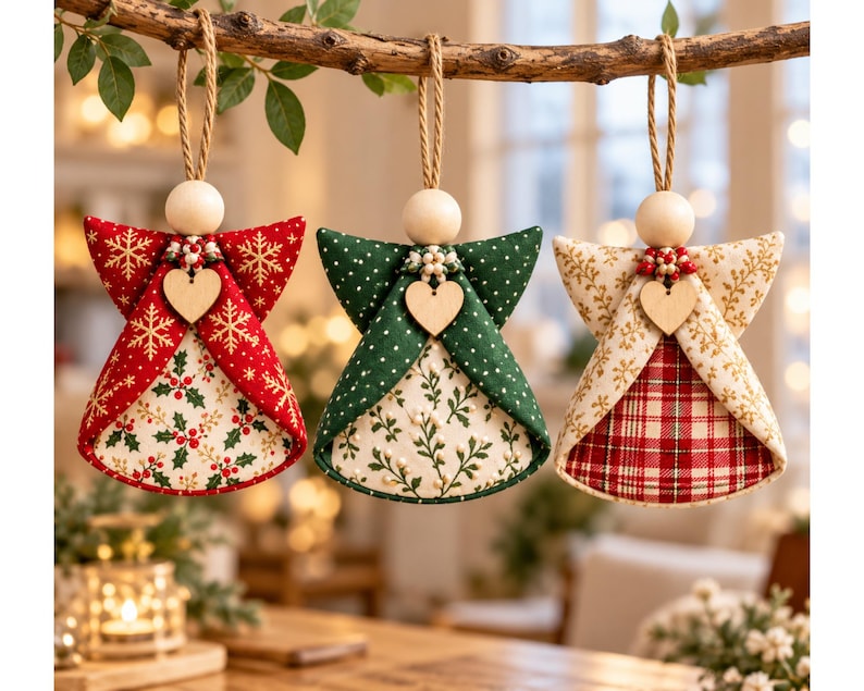 May include: Three fabric angel ornaments hanging from a branch. Each features a wooden bead head, a small wooden heart, and a jute string loop. The first is red with gold snowflakes and holly, the second green with white dots and sprigs, and the third cream with gold foliage and a red plaid base.
