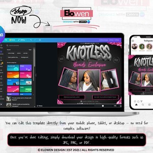 May include: A laptop and smartphone display a digital flyer for Knotless Braids. The flyer features images of braided hairstyles, with text that reads "Knotless Braids Exclusive." The design is in black, white, and pink.