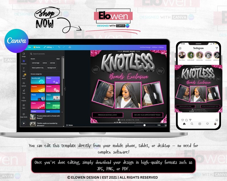 May include: A laptop and smartphone display a digital flyer for Knotless Braids. The flyer features images of braided hairstyles, with text that reads "Knotless Braids Exclusive." The design is in black, white, and pink.