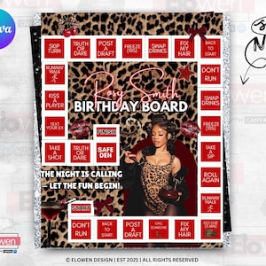 May include: A birthday board game with a leopard print design and red and black details. The game includes instructions such as "Truth or Dare" and "Swap Drinks." The board is designed for Rosy Smith's birthday celebration.