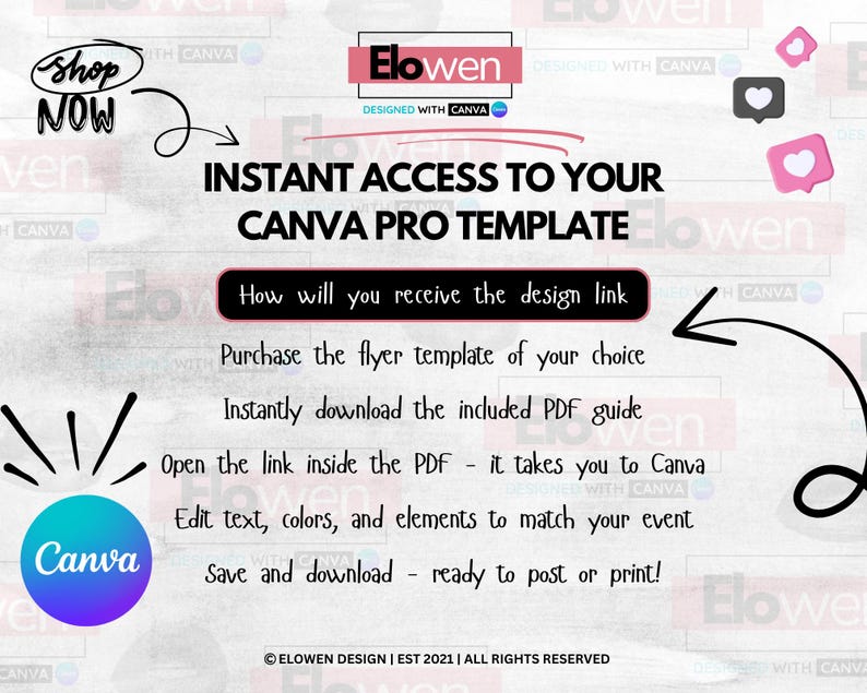 May include: A promotional graphic with the text "INSTANT ACCESS TO YOUR CANVA PRO TEMPLATE." It includes instructions on how to access and edit a Canva template. The design features the Canva logo and the Elowen brand.
