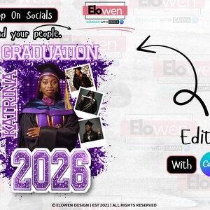 May include: A graduation announcement design featuring a photo of a graduate in a cap and gown, with the name "Katrina" and the year "2026" in a purple and white design. The words "Graduation" and "Pop On Socials" are also included.