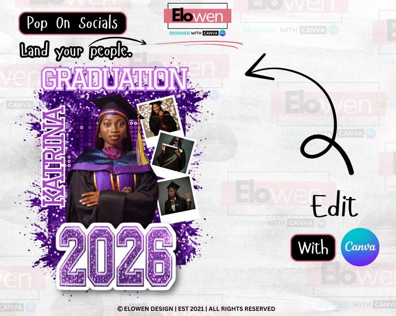 May include: A graduation announcement design featuring a photo of a graduate in a cap and gown, with the name "Katrina" and the year "2026" in a purple and white design. The words "Graduation" and "Pop On Socials" are also included.