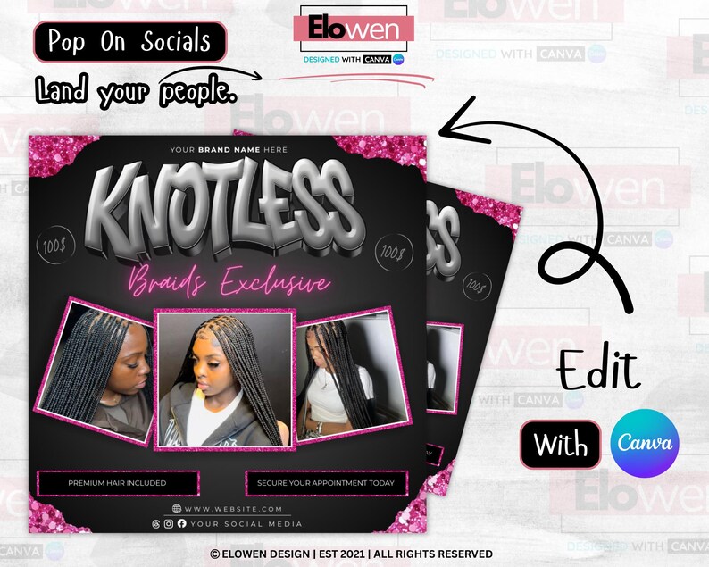 May include: A promotional graphic for Knotless Braids Exclusive, featuring a black background with pink glitter accents. The design includes three photos of braided hairstyles, the text "KNOTLESS" in silver, and calls to action like "Secure Your Appointment Today."