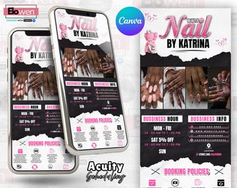 Puede incluir: Anuncio digital de "Beauty Nail by Katrina" mostrado en un smartphone. El diseño presenta imágenes de uñas manicuradas, horarios comerciales e información de reservas. La combinación de colores es negro, blanco y rosa.