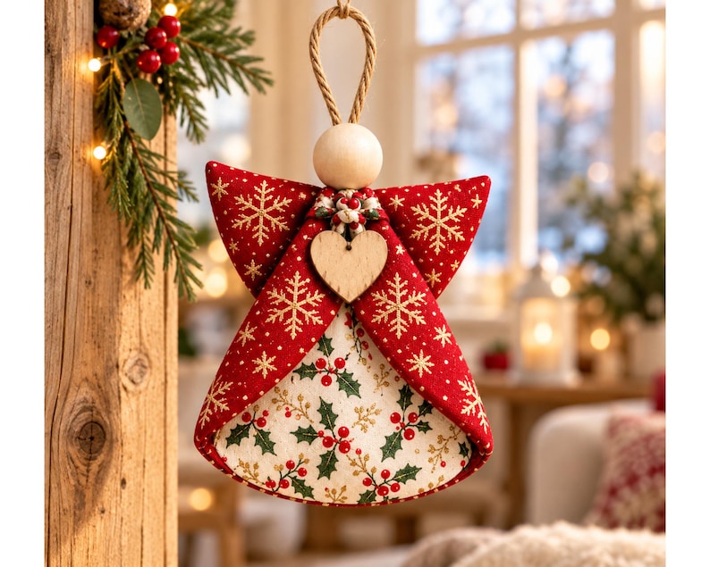 May include: A hanging angel ornament featuring a red fabric body with gold snowflake patterns and a cream-colored skirt printed with green holly leaves and red berries. The figure has a plain wooden bead head and a small wooden heart at the neck.
