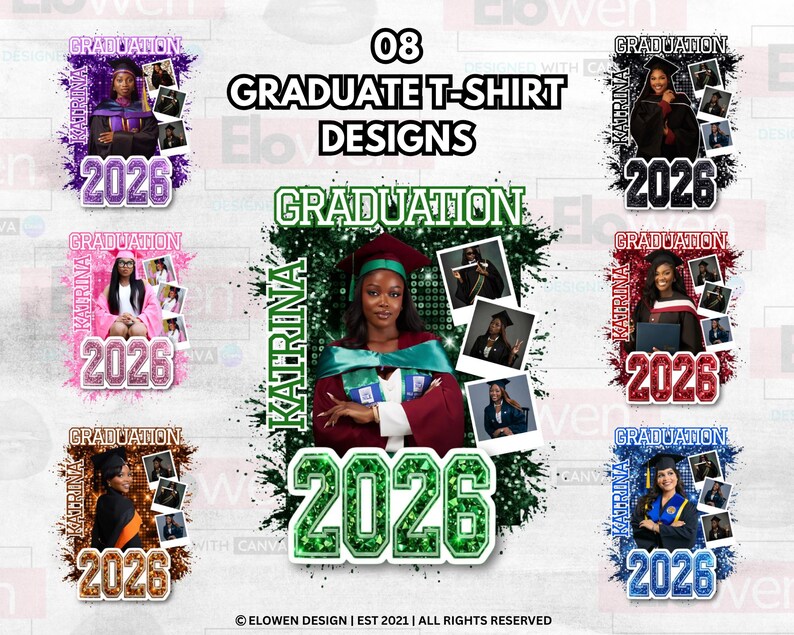 May include: Eight graduate t-shirt designs featuring photos of graduates, the name "Katrina", and the year "2026". Each design has a different color scheme, including purple, black, pink, red, brown, and blue, with the word "Graduation" at the top.