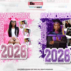 May include: Two graduation announcement designs. One features a woman in a pink graduation gown, the text "GRADUATION KATRINA 2026" in pink. The other design shows a woman in a purple gown, with the same text in purple.