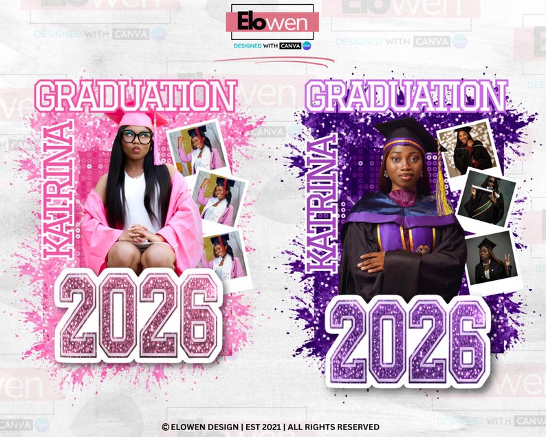 May include: Two graduation announcement designs. One features a woman in a pink graduation gown, the text "GRADUATION KATRINA 2026" in pink. The other design shows a woman in a purple gown, with the same text in purple.