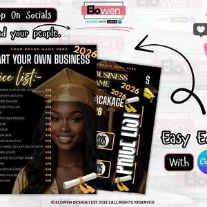 May include: A promotional graphic with a black and gold theme, featuring a smiling person in a graduation cap. Text includes "Start Your Own Business" and a price list for various items. The graphic also promotes easy editing with Canva.