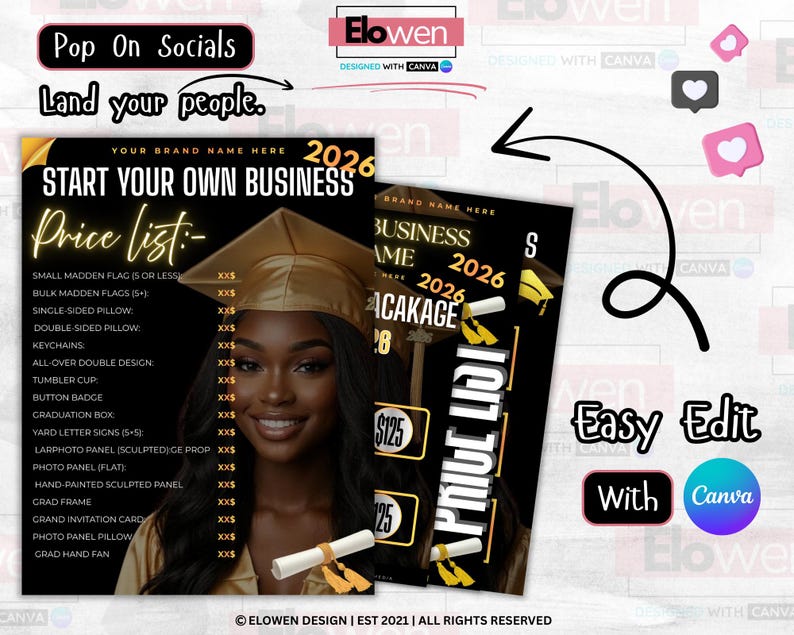 May include: A promotional graphic with a black and gold theme, featuring a smiling person in a graduation cap. Text includes "Start Your Own Business" and a price list for various items. The graphic also promotes easy editing with Canva.
