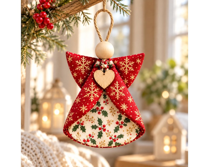 May include: A hanging angel ornament featuring a red fabric body with gold snowflake patterns and a cream-colored fabric interior decorated with green holly leaves and red berries. A plain wooden bead serves as the head, and a small wooden heart is attached.