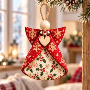 May include: A fabric angel ornament featuring a red outer layer with gold snowflake patterns and a cream-colored inner layer decorated with green holly leaves and red berries. A small wooden heart charm hangs at the center below a round wooden bead head.