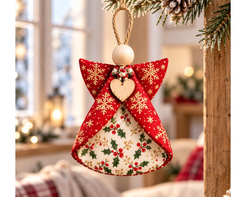 May include: A fabric angel ornament featuring a red outer layer with gold snowflake patterns and a cream-colored inner layer decorated with green holly leaves and red berries. A small wooden heart charm hangs at the center below a round wooden bead head.