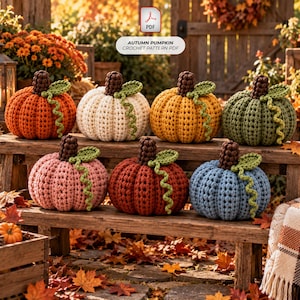 May include: Seven crocheted pumpkins in various colors including orange, white, yellow, green, pink, red, and blue. Each pumpkin features a dark brown textured stem and a single green curly vine. The text AUTUMN PUMPKIN CROCHET PATTERN PDF is visible.