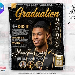Class of 2026 Gold Graduation Invitation, Editable Magazine Style Black Boy College High School Grad Party Canva DIY Flyer