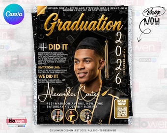 Class of 2026 Gold Graduation Invitation, Editable Magazine Style Black Boy College High School Grad Party Canva DIY Flyer