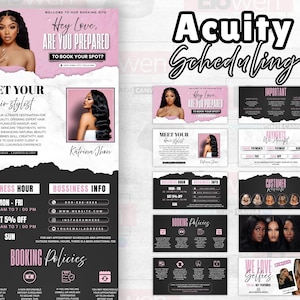 May include: A promotional graphic for a hair stylist, featuring a woman with long, dark hair. The design includes text that reads "Hey Love, Are You Prepared To Book Your Spot?" and "Meet Your Hair Stylist." Additional cards detail business hours, booking policies, and payment options.