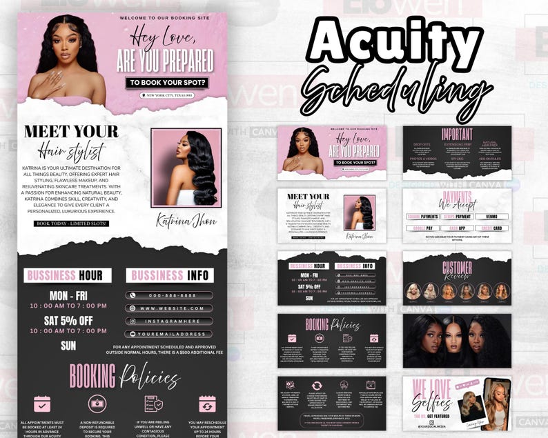 May include: A promotional graphic for a hair stylist, featuring a woman with long, dark hair. The design includes text that reads "Hey Love, Are You Prepared To Book Your Spot?" and "Meet Your Hair Stylist." Additional cards detail business hours, booking policies, and payment options.