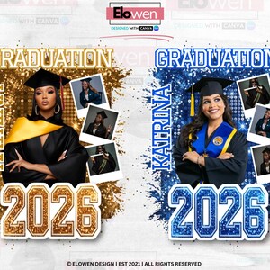 May include: Two graduation announcements featuring a woman in a cap and gown. One is gold-themed with the name "Katrina" and the year "2026." The other is blue-themed, also with "Katrina" and "2026." Both include the word "Graduation."