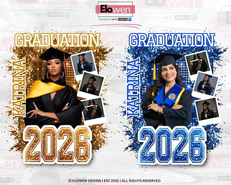 May include: Two graduation announcements featuring a woman in a cap and gown. One is gold-themed with the name "Katrina" and the year "2026." The other is blue-themed, also with "Katrina" and "2026." Both include the word "Graduation."