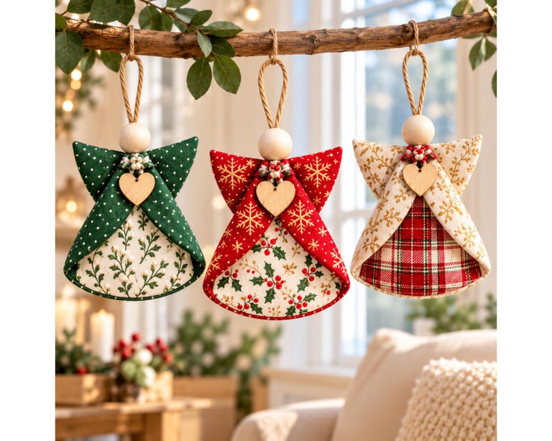 May include: Three fabric angel ornaments hanging from a branch. Each features a wooden bead head, a small wooden heart, and patterned fabric wings and dress. The first is green with white dots, the second red with gold snowflakes, and the third cream with gold snowflakes and a red plaid skirt.