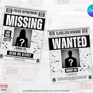 Editable Missing Poster Template, Halloween Mystery Party Sign, DIY Missing Person Flyer, Detective or Wanted Party Canva Template